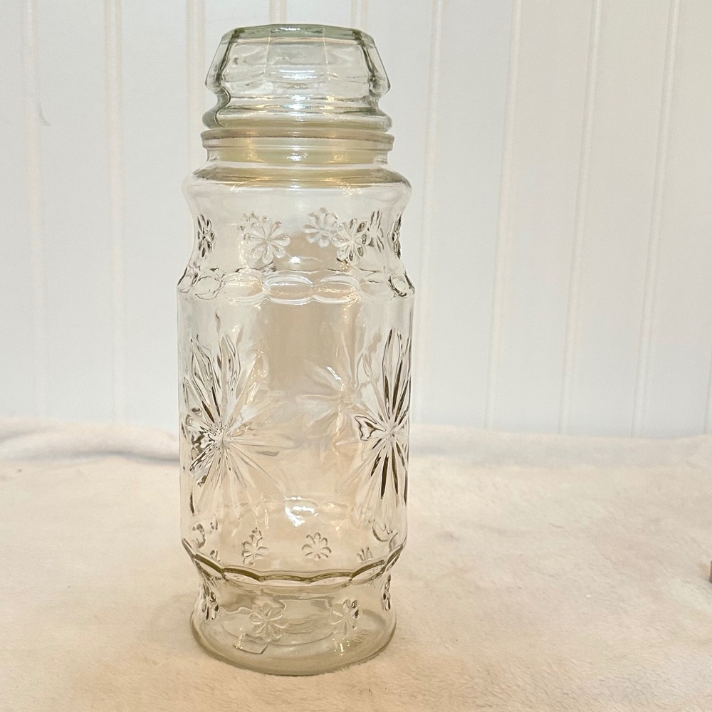 Planters Mr Peanut Glass Canister Jar 1980 Clear Starburst Floral Excellent 8.5